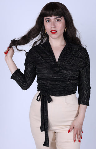 Black and Gold Lurex Wrap Blouse Freddies Of Pinewood
